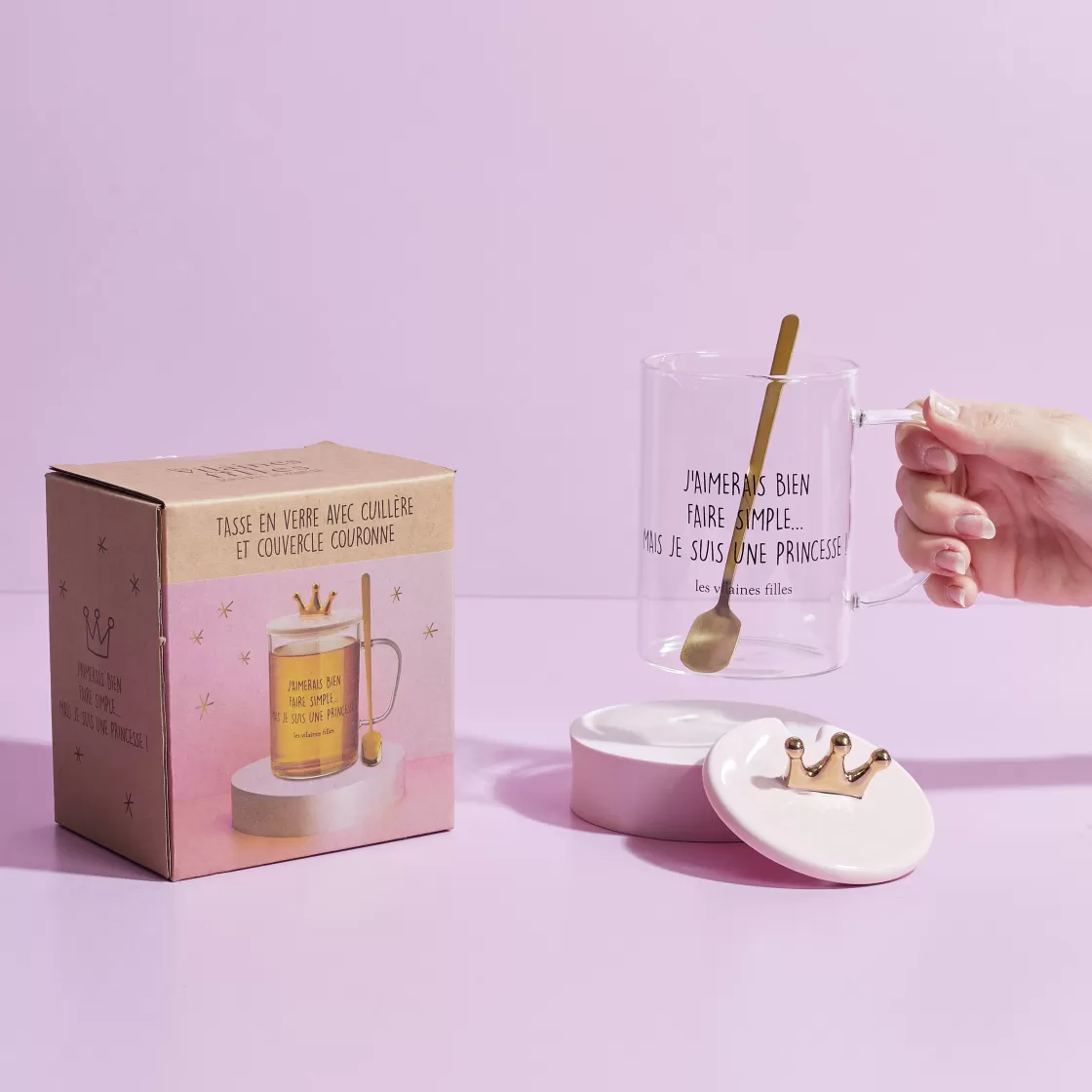 La Chaise Longue Thé & Café-TASSE VERRE PELLE AVEC COUVERCLE ROSE COURONNE