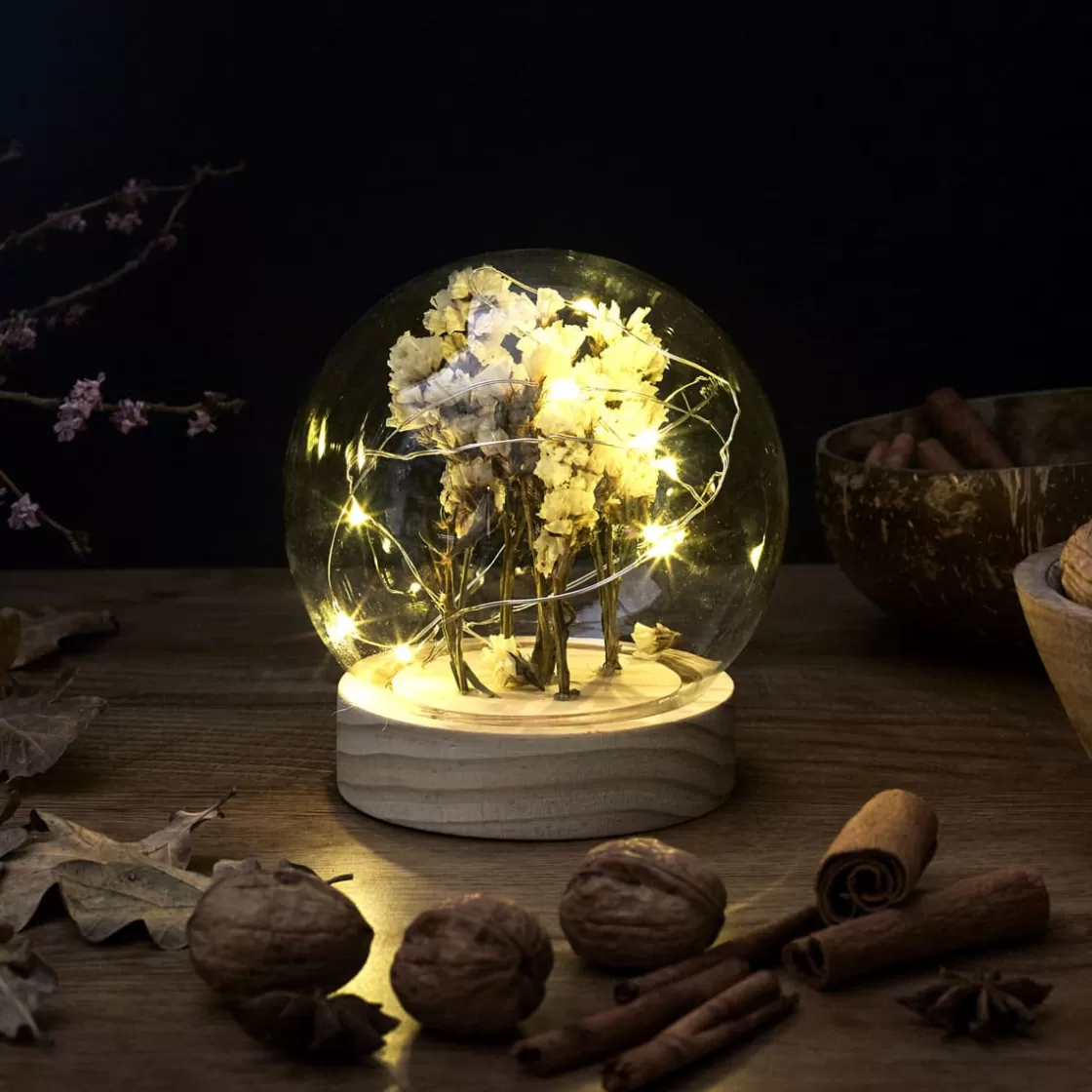 La Chaise Longue Déco Lumineuse | Déco-VEILLEUSE RONDE FLEURS SECHEES